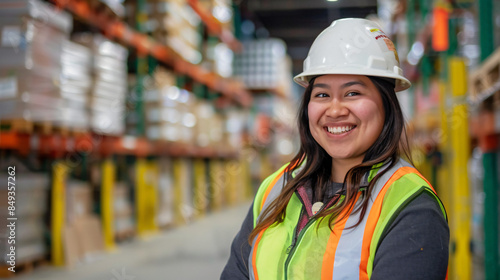 Woman wearing a hard hat and reflective vest smiles in an industrial warehouse © Michael