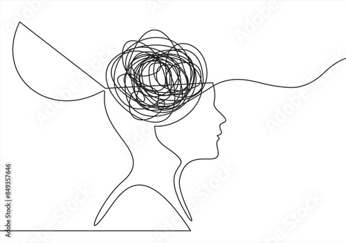 Continuous one line drawing of a person with confused feelings worried about bad mental health. Problems, failure and grief concept. Lineart Vector