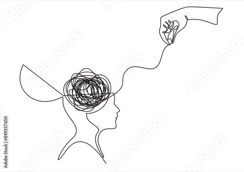 Psychologic therapy session concept with human head silhouette and helping hand unravels the tangle of messy thoughts with mental disorder, anxiety and confusion mind or stress. Vector illustration