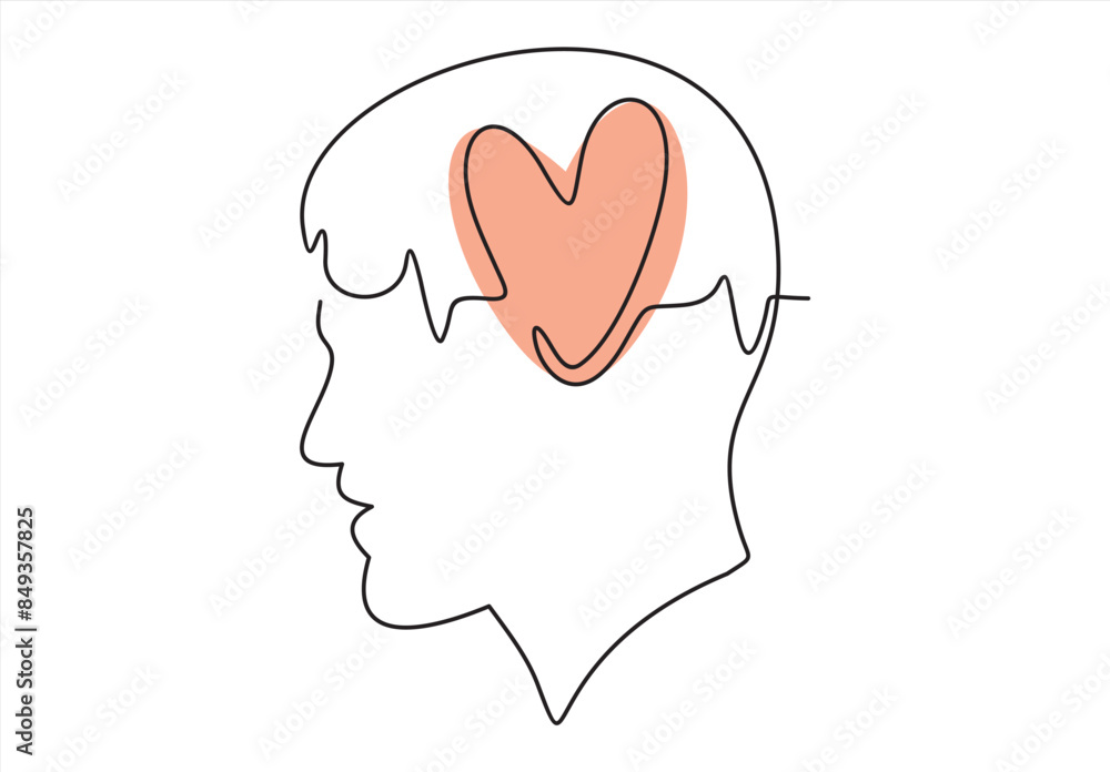 One line icon thinking with heart concept.Vector minimal continuous line logo design. Human head, face profile illustration. One line icon thinking with heart concept.Vector minimal continuous line logo design. Human head, face profile illustration.