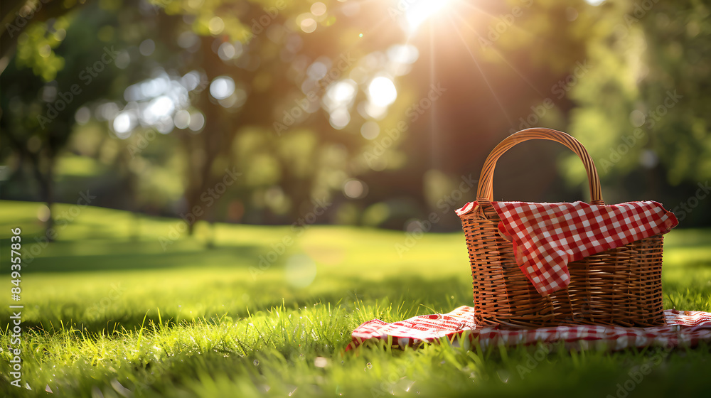 Picnic basket on blanket in grass. Generative by AI Picnic basket on blanket in grass. Generative by AI