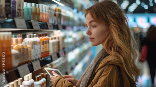 A Woman Traveling in an airport who is buying beauty products online on an duty free e-commerce website. Generative AI.