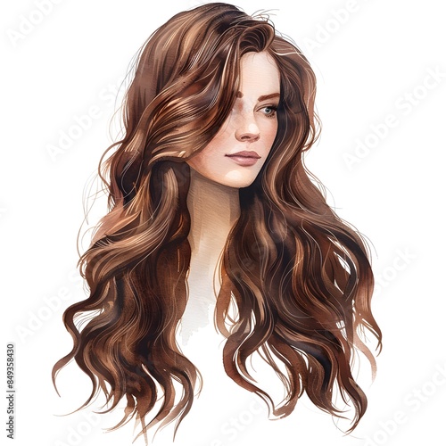 Long wavy hair wig, fashion accessory, watercolor illustration, chestnut brown, isolated on white background