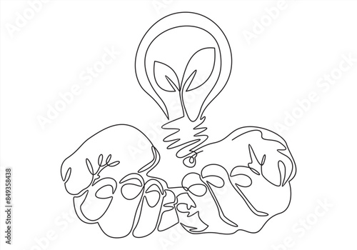 Hands holds slight bulb with leafs,one line art,hand drawn continuous contour.Green energy idea concept.Sign of environmental friendliness.