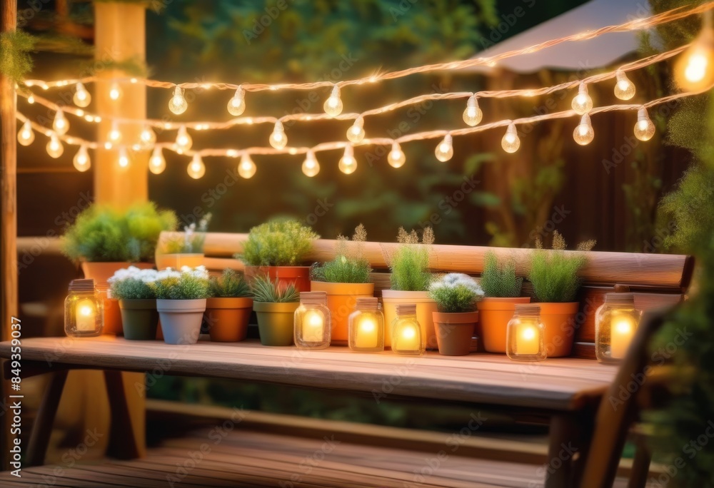 A wooden terrace with string lights and plants, surrounded by a garden and trees A wooden terrace with string lights and plants, surrounded by a garden and trees