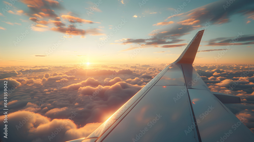 Airplane wing flying above clouds. Generative by AI Airplane wing flying above clouds. Generative by AI