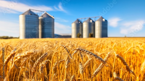 Golden Wheat Field with Grain Silos in the Background. Agriculture Landscape with Wheat and Storage Silos