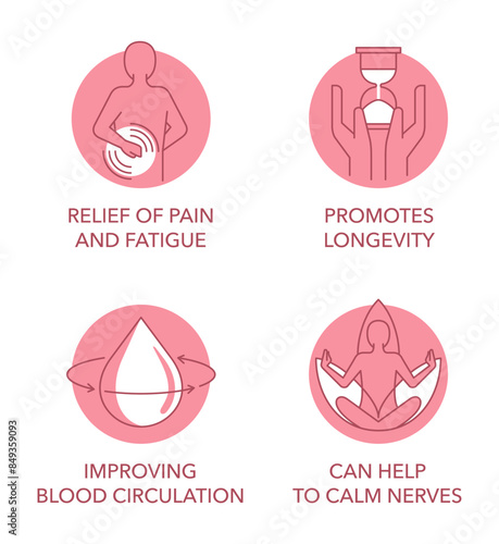 Icons set for massage oil - Relief, Longevity, Blood circulation, Calm nerves