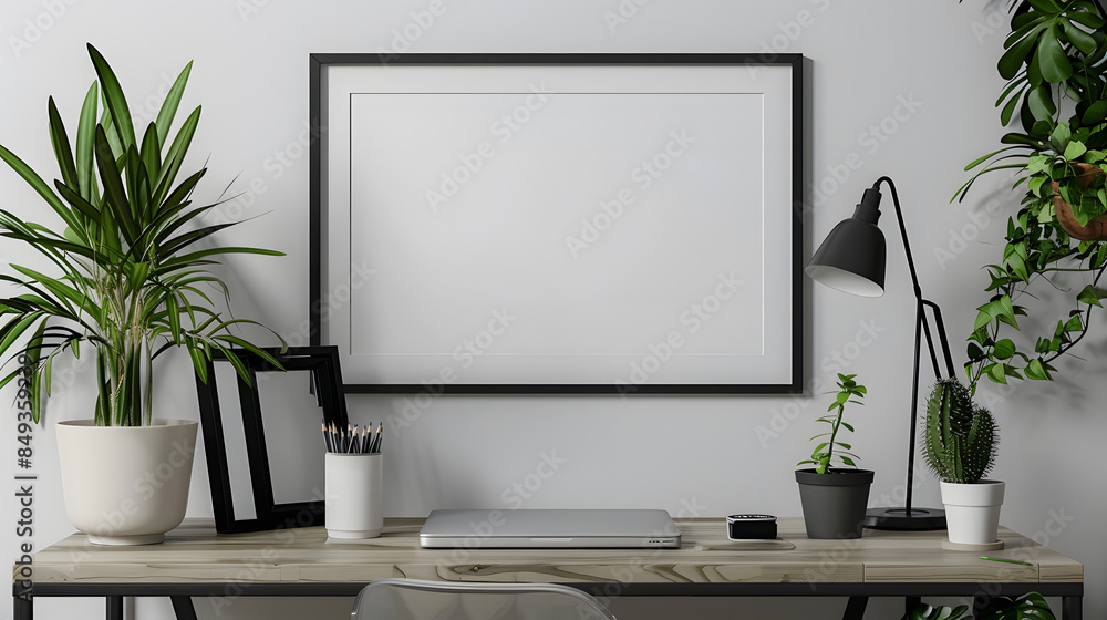 Modern Desk Setup With Laptop, Plants, and Frame. Generative-AI Modern Desk Setup With Laptop, Plants, and Frame. Generative-AI