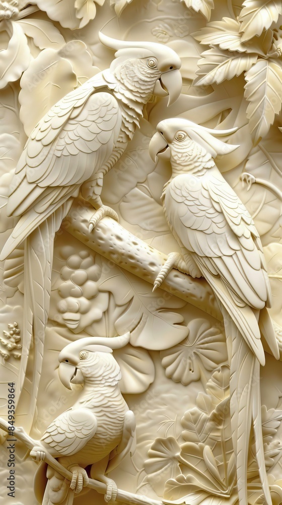 Beautiful parrot 3d relief wallpaper. Mural wallpaper. Wall art. AI generated illustration. Beautiful parrot 3d relief wallpaper. Mural wallpaper. Wall art. AI generated illustration.