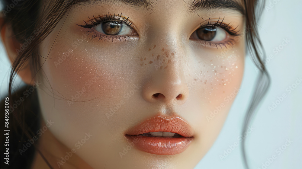 A young Asian woman with a flawless face, showcasing a perfect winged eyeliner. Generative AI. A young Asian woman with a flawless face, showcasing a perfect winged eyeliner. Generative AI.