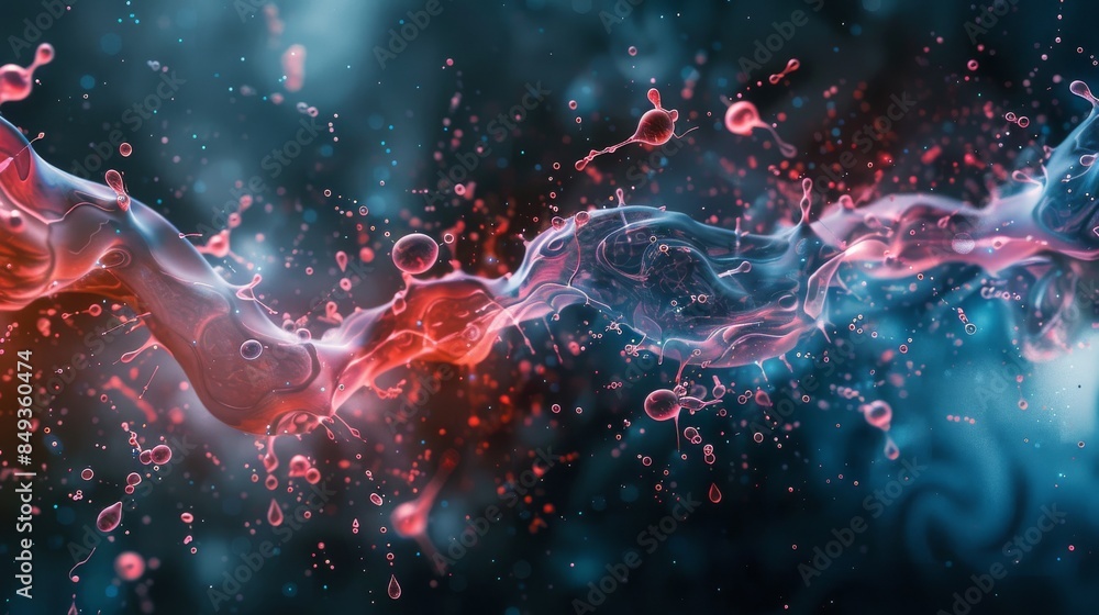 Abstract close-up of red and blue liquid in motion, showcasing fluid dynamics, movement, and artistic color blending. Abstract close-up of red and blue liquid in motion, showcasing fluid dynamics, movement, and artistic color blending.