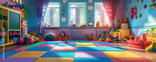 Beautiful kindergarten, game colorful room for young kids, banner. Generative AI.