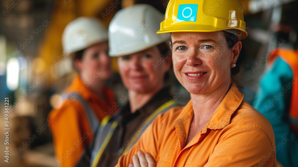 Female worker smiling in industrial workplace. Happy female worker in a safety helmet Female worker smiling in industrial workplace. Happy female worker in a safety helmet