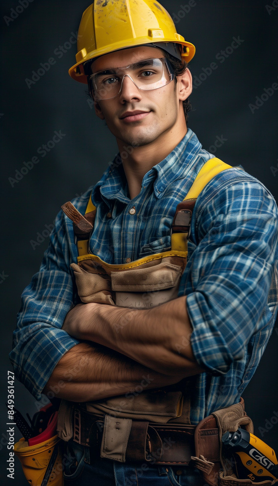 Construction worker with safety gear. Confident pose with arms crossed Construction worker with safety gear. Confident pose with arms crossed