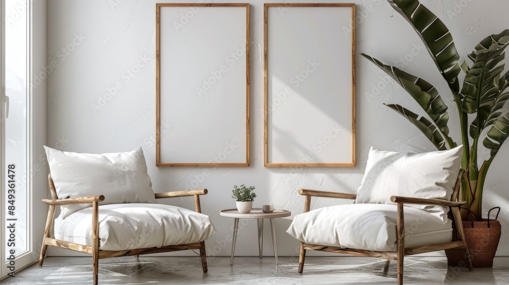 Modern Minimalist Living Room Interior with Twin Armchairs and Blank Wall Art Modern Minimalist Living Room Interior with Twin Armchairs and Blank Wall Art