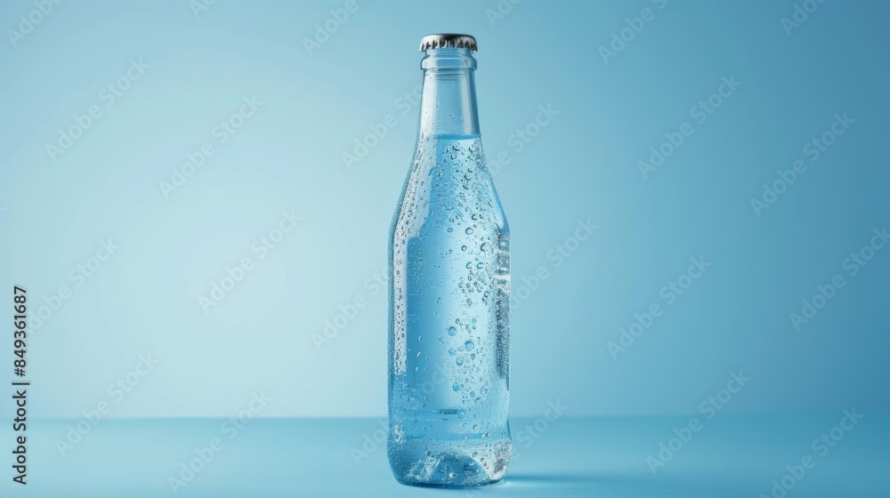 Clear glass water bottle with condensation on blue background Clear glass water bottle with condensation on blue background