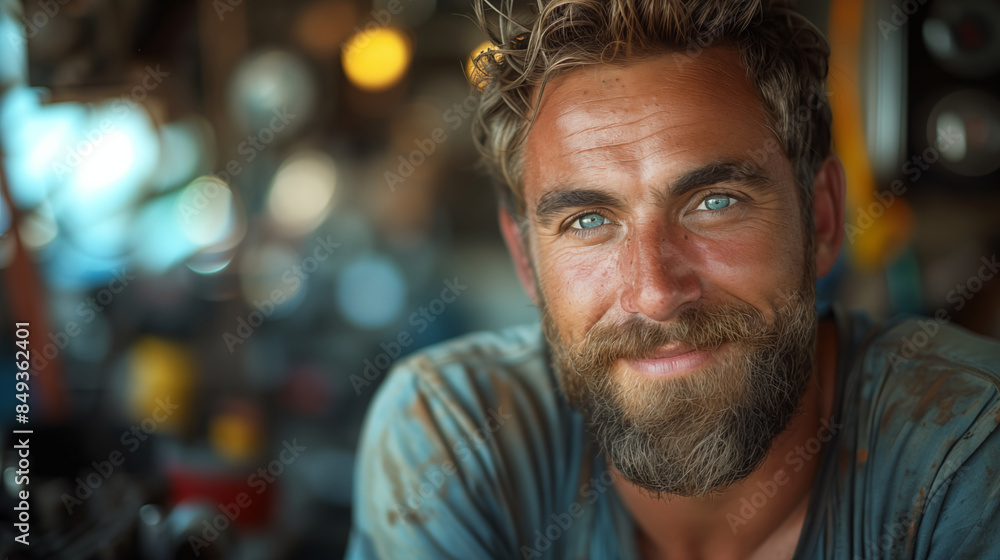Bearded man with striking blue eyes smiling in workshop, exuding confidence and contentment. Concept of craftsmanship, masculinity, and self-assurance. Bearded man with striking blue eyes smiling in workshop, exuding confidence and contentment. Concept of craftsmanship, masculinity, and self-assurance.