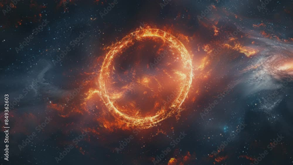 Dynamic animation cosmos with fiery circle amidst vast, twinkling space. Dynamic animation cosmos with fiery circle amidst vast, twinkling space.