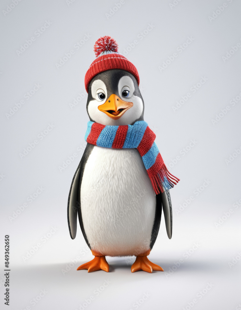 Fototapeta premium A 3D cartoon penguin with a small hat and scarf on a white background.