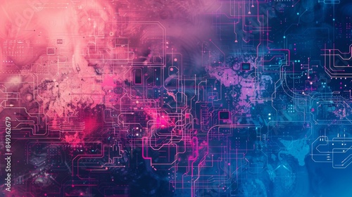 Abstract digital circuits interface background in blue and pink colors, representing technology, innovation, and electronic data.