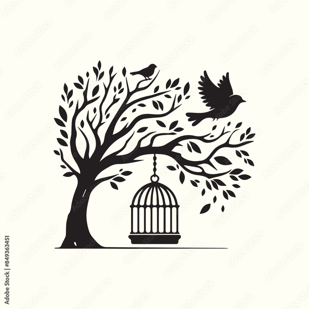 Naklejka premium Tree Branch with Bird Cage and bird silhouette vector illustration. logo design