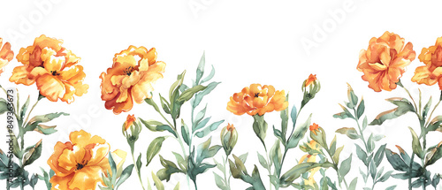 Beautiful watercolor border with vibrant orange marigold flowers and green foliage, perfect for decorative and artistic design projects.