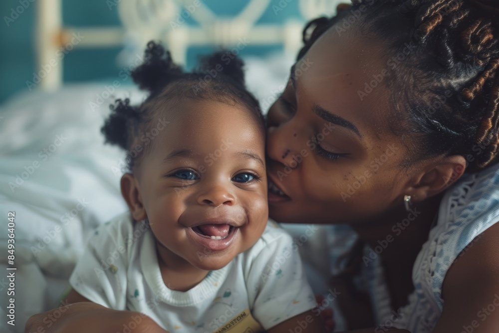 A blissfully smiling Indian mother cradles a baby boy in a white T-shirt, grey top and jeans at home. White background, white walls A blissfully smiling Indian mother cradles a baby boy in a white T-shirt, grey top and jeans at home. White background, white walls