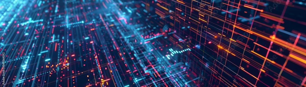 Fototapeta premium Abstract futuristic cyber landscape with glowing digital data stream. Concept of technology, telecommunications, and blockchain network.