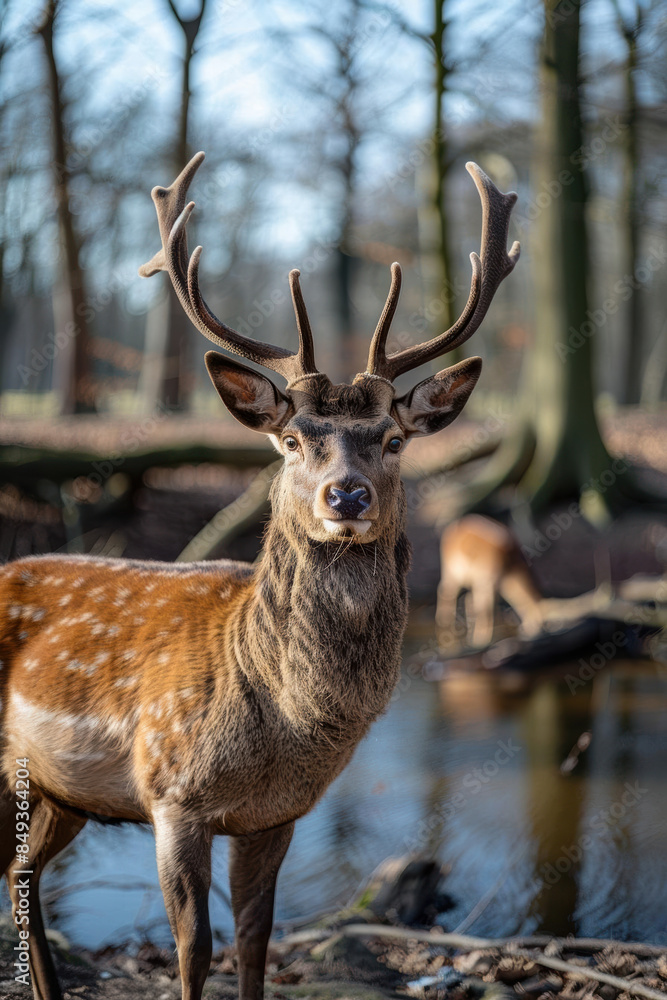 Obraz premium Deer grazing near a forest edge, quiet and serene, bright spring day, spring for the first time