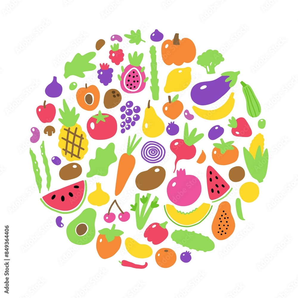 A round, vector illustration from a collection of vegetables and fruits, hand-drawn in a doodle style. A round, vector illustration from a collection of vegetables and fruits, hand-drawn in a doodle style.