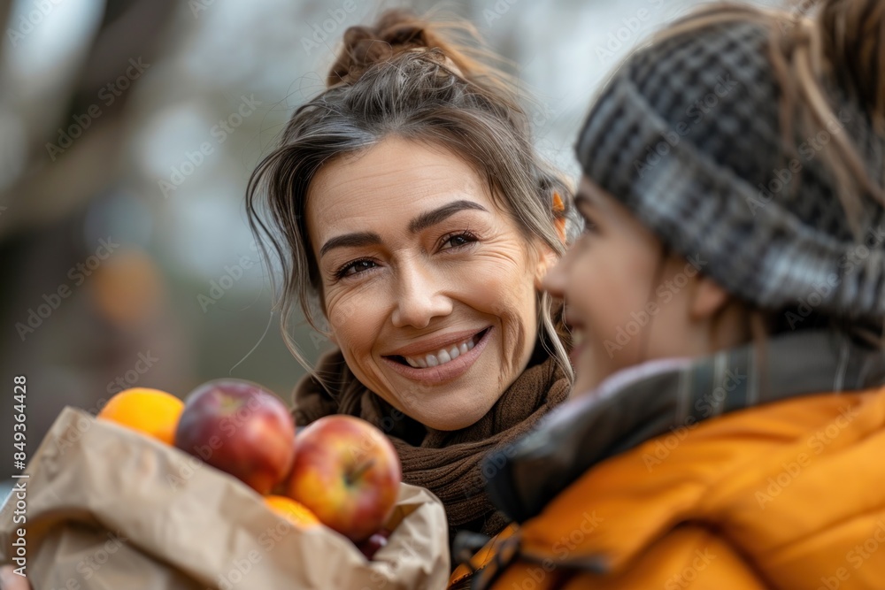 Smiling middle-aged Caucasian woman holding a bag of apples, standing outdoors with a young child wearing a hat. Smiling middle-aged Caucasian woman holding a bag of apples, standing outdoors with a young child wearing a hat.