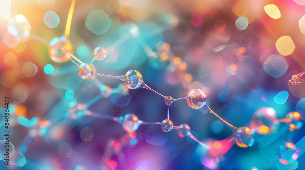 Abstract image of molecular structure with colorful bokeh background, representing science, chemistry, and molecular biology. Abstract image of molecular structure with colorful bokeh background, representing science, chemistry, and molecular biology.