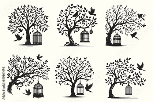 Set of Tree Branches with Bird Cage and bird silhouette vector illustration.