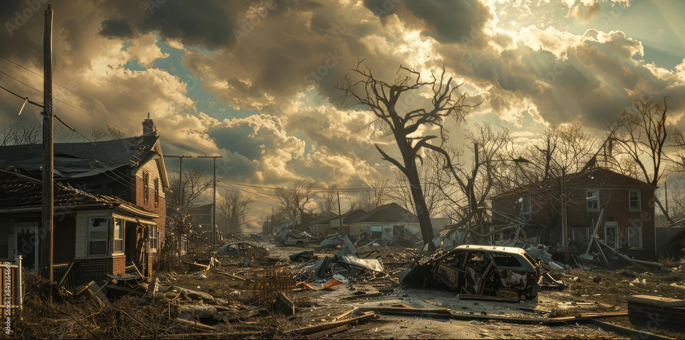 Aftermath Scenes of destruction left in the wake of a tornado, including damaged buildings, uprooted trees, and scattered debris Aftermath Scenes of destruction left in the wake of a tornado, including damaged buildings, uprooted trees, and scattered debris