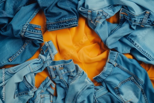 A blue denim fabric with a bunch of wrinkles © Phuriphat