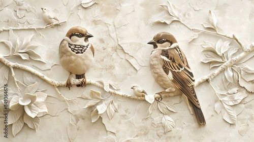 3d sparrow Wallpaper Background golden art for digital printing wallpaper, mural, custom design wallpaper. AI generated illustration photo