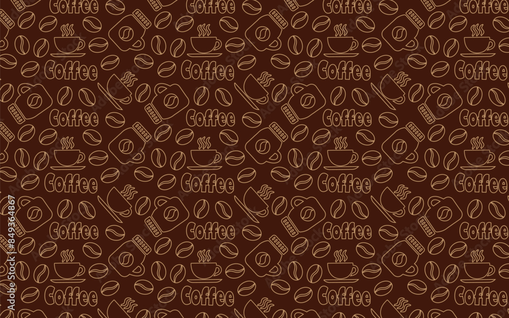 Coffee seamless pattern of hand drown cups with coffee beams and letters. Vector background of americano, espresso or latte and cappuccino mug, for coffeeshop of cafe interior design. Coffee seamless pattern of hand drown cups with coffee beams and letters. Vector background of americano, espresso or latte and cappuccino mug, for coffeeshop of cafe interior design.