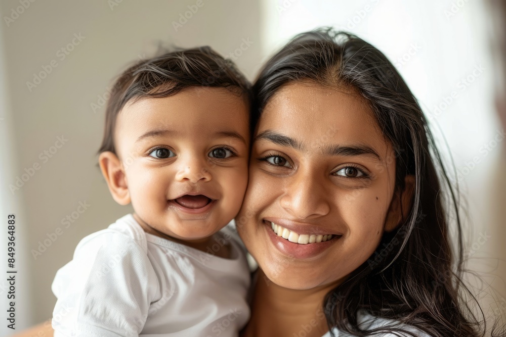 A blissfully smiling Indian mother cradles a baby boy in a white T-shirt, grey top and jeans at home. White background, white walls A blissfully smiling Indian mother cradles a baby boy in a white T-shirt, grey top and jeans at home. White background, white walls