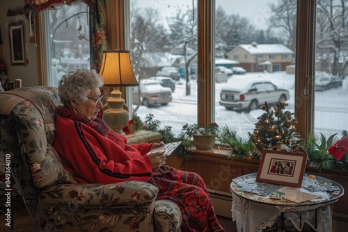 Elderly Caucasian woman in a red robe reading a crossword in a cozy room decorated for Christmas, with a snowy view outside. © evgenia_lo