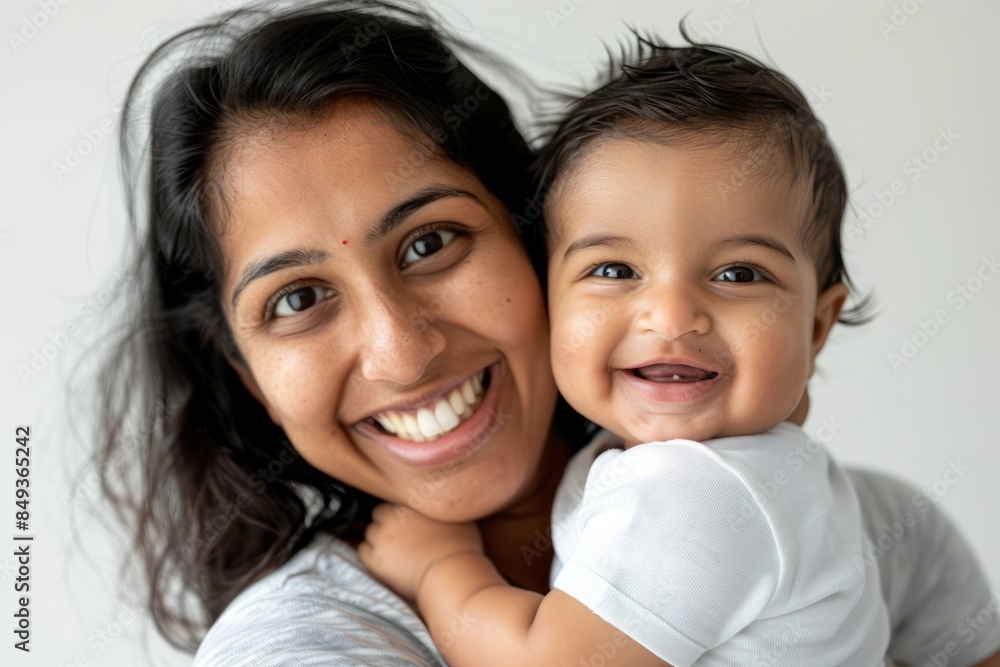 A blissfully smiling Indian mother cradles a baby boy in a white T-shirt, grey top and jeans at home. White background, white walls A blissfully smiling Indian mother cradles a baby boy in a white T-shirt, grey top and jeans at home. White background, white walls