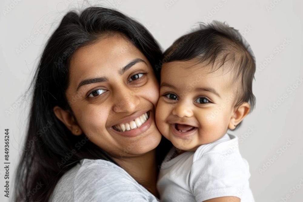 A blissfully smiling Indian mother cradles a baby boy in a white T-shirt, grey top and jeans at home. White background, white walls A blissfully smiling Indian mother cradles a baby boy in a white T-shirt, grey top and jeans at home. White background, white walls