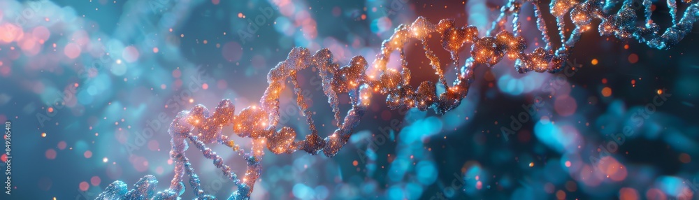Fototapeta premium Abstract representation of DNA structure with glowing particles, symbolizing advanced genetic research and scientific innovation.