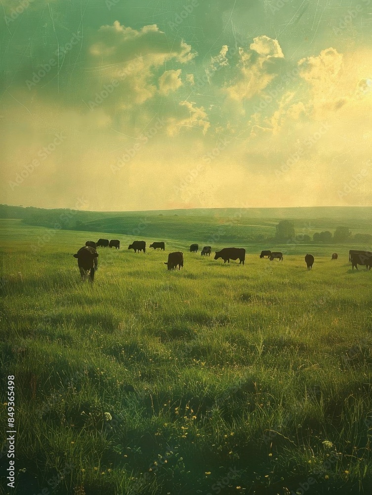 Green pasture, grazing cattle, panoramic view, soft light, peaceful countryside, pastoral scene Green pasture, grazing cattle, panoramic view, soft light, peaceful countryside, pastoral scene