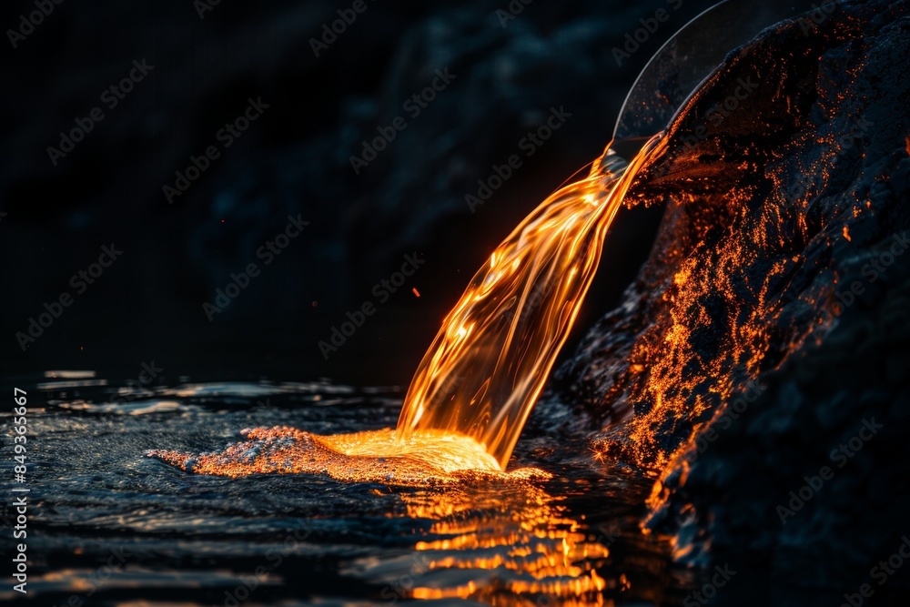 Naklejka premium Molten lava flow at twilight in nature