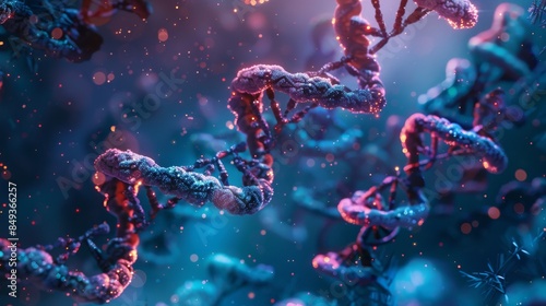 Abstract visualization of DNA strands glowing in a colorful, futuristic microscopic environment, representing genetic research and biotechnology. © kitidach