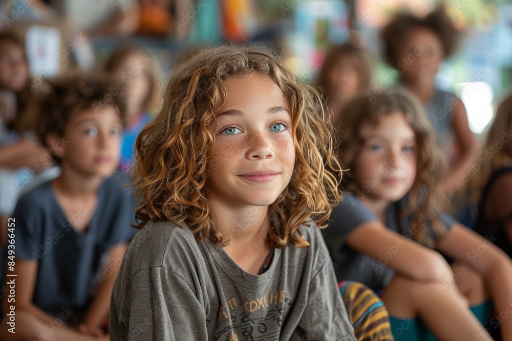 Girl with curly hair, freckles in classroom, surrounded by peers. Children engaged in educational workshop on climate change, carbon credits, sustainability, focus on environmental awareness learning. Girl with curly hair, freckles in classroom, surrounded by peers. Children engaged in educational workshop on climate change, carbon credits, sustainability, focus on environmental awareness learning.