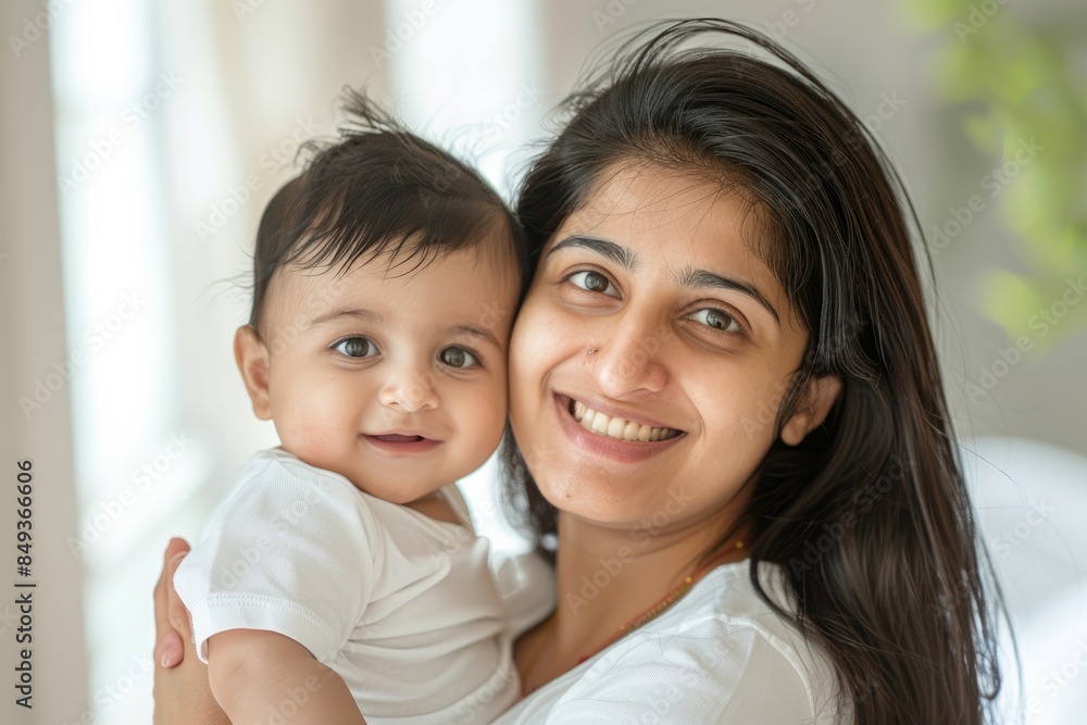 A blissfully smiling Indian mother cradles a baby boy in a white T-shirt, grey top and jeans at home. White background, white walls A blissfully smiling Indian mother cradles a baby boy in a white T-shirt, grey top and jeans at home. White background, white walls