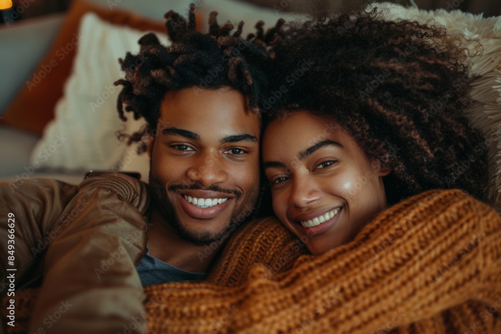 A man and woman are hugging each other on a couch. They are both smiling and seem to be enjoying each other's company A man and woman are hugging each other on a couch. They are both smiling and seem to be enjoying each other's company
