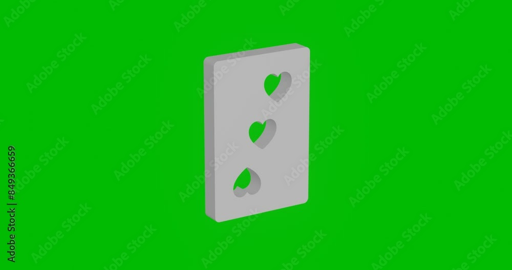 Animation of rotation of a white Three of hearts playing card with shadow. Simple and complex rotation. Seamless looped 4k animation on green chroma key background Animation of rotation of a white Three of hearts playing card with shadow. Simple and complex rotation. Seamless looped 4k animation on green chroma key background